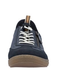 Navy blue sneaker with a smooth leather upper and suede accents, featuring white laces, a side zipper, and a textured gum rubber sole.