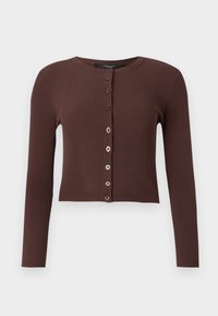 Pruun ribalik kardigan ümmarguse kaelusega, pikkade varrukatega ja lühikese hemiga. Ees on kuus ümmargust nööpi.