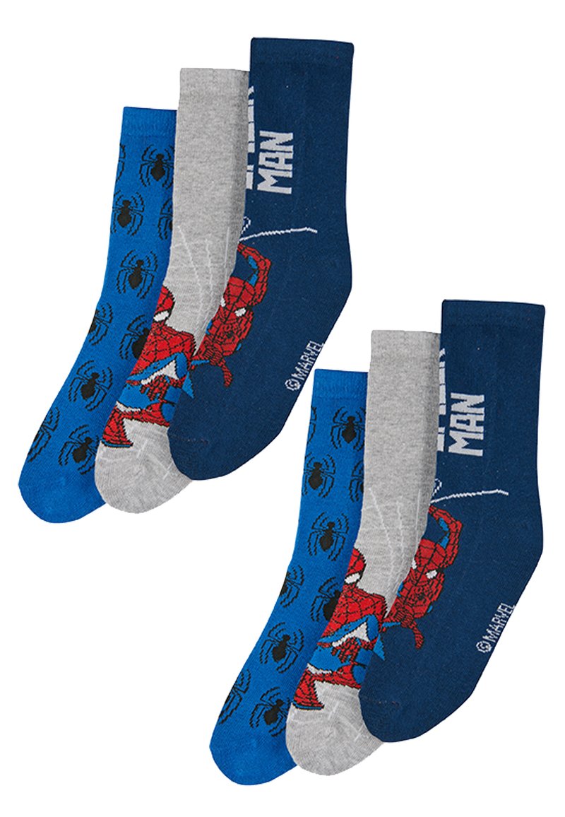 Cuatro pares de calcetines de algodón con diseños de Spider-Man que incluyen motivos de araña. Los colores son azul, gris y azul oscuro, con impresiones gráficas y letras.
