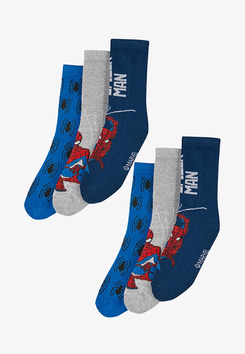 Quattro paia di calzini di cotone con design di Spider-Man e motivi a ragno. I colori includono blu, grigio e blu scuro, con stampe grafiche e scritte.