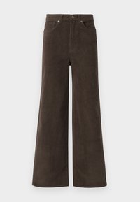 Donkerbruine wijde corduroy broek met voorzakken, riemlussen en een knoopsluiting in de taille.