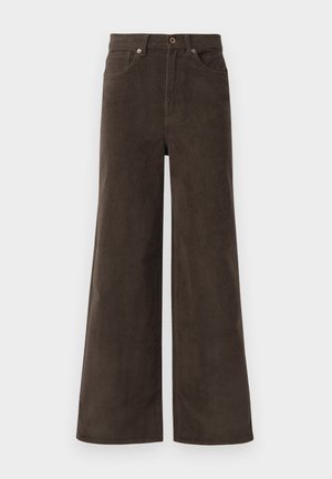 Dark brown wide-leg corduroy trousers with front pockets, belt loops, and a button closure at the waistband.