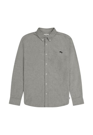 Chemise grise à manches longues avec boutons, col boutonné et petit logo noir brodé sur la poitrine gauche.
