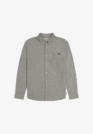 Langärmeliges graues Hemd mit Knöpfen, mit einem Button-Down-Kragen und kleinem schwarzen besticktem Logo auf der linken Brust.