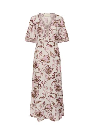 Svetlo roza maksi obleka z rjavim cvetličnim vzorcem, V-izrezom, kratkimi rokavi in okrasnim trakom na izrezu in manšetah rokavov.