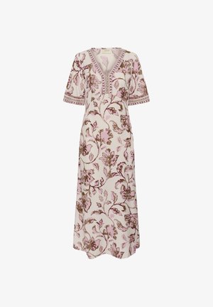 Hellrosa Maxikleid mit braunem Blumenmuster, V-Ausschnitt, kurzen Ärmeln und dekorativer Einfassung am Ausschnitt und an den Ärmelsäumen.