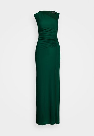 Zelené maxi šaty vyrobené z hladké tkaniny. Mají přiléhavý siluet, design s jedním ramínkem a nabírané detaily na boku.