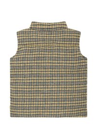 Wollweste mit kariertem Muster in Gelb, Marineblau und Braun. Sie hat einen hohen Kragen und ein ärmelloses Design. Strukturiert stoff.