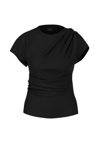 Black short-sleeve women's top with gathered draping on one shoulder and fitted waist detailing.