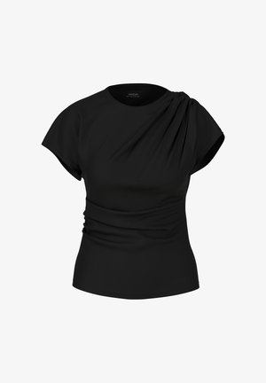 Black short-sleeve women's top with gathered draping on one shoulder and fitted waist detailing.