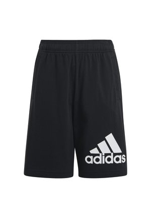 Shorts de sport noirs en mélange de coton, dotés d'une taille élastique et d'un grand logo Adidas blanc sur le bas à gauche.