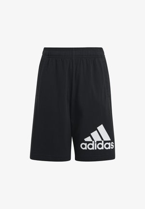 Pantalones cortos deportivos negros de tejido de mezcla de algodón, con una cinturilla elástica y un gran logo blanco de Adidas en la parte inferior izquierda.