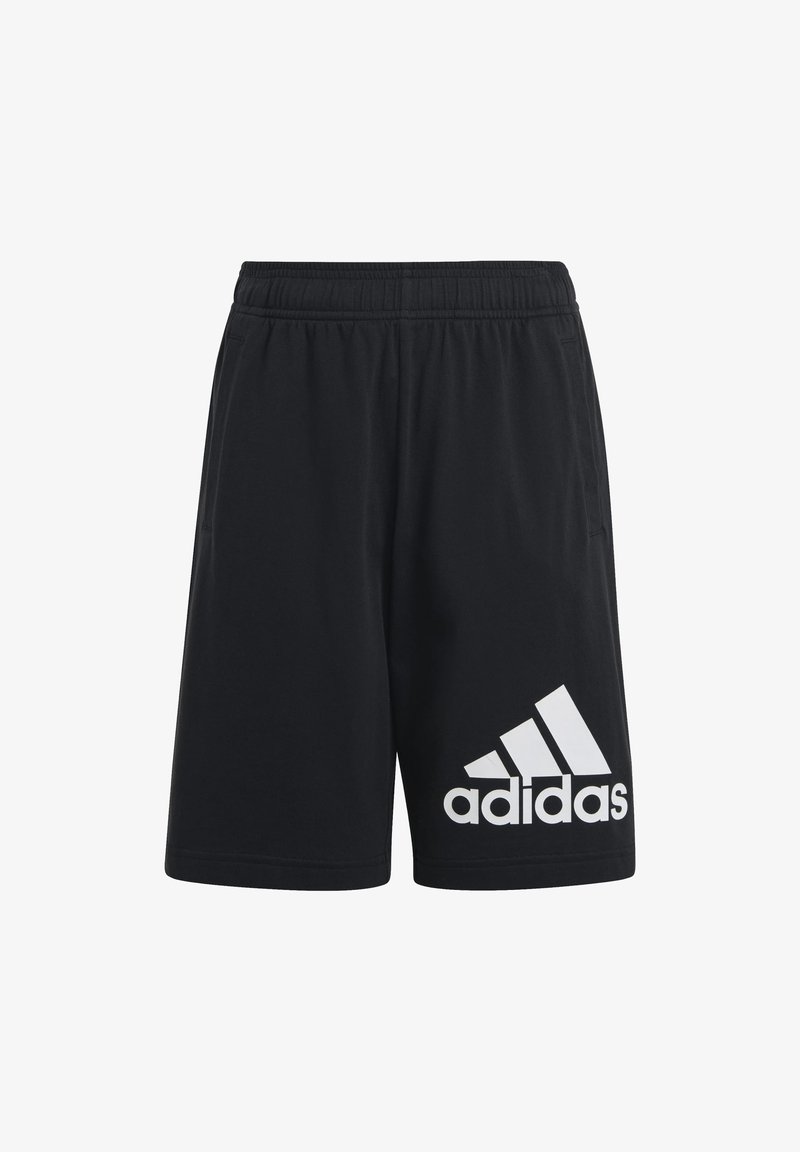 Pantalones cortos deportivos negros de tejido de mezcla de algodón, con una cinturilla elástica y un gran logo blanco de Adidas en la parte inferior izquierda.