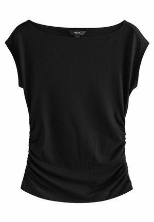 Juodas trumpomis rankovėmis viršus su plačiu kaklu, pagamintas iš lygaus audinio. Savybės - surinktos šoninės detalės formai. Nėra matomų raštų ar aparatūros.