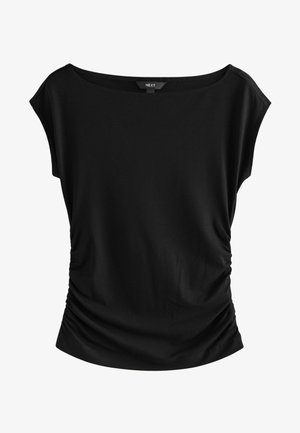 Juodas trumpomis rankovėmis viršus su plačiu kaklu, pagamintas iš lygaus audinio. Savybės - surinktos šoninės detalės formai. Nėra matomų raštų ar aparatūros.