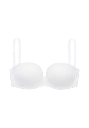Weißer gepolsterter trägerloser BH mit transparenten, verstellbaren Trägern und glatten, geformten Cups.