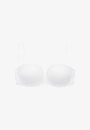 White padded strapless bra with clear adjustable shoulder straps and smooth molded cups.