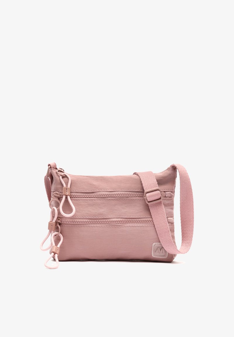 Rosa axelremsväska i mjukt material, med tre zip-påse, justerbar rem och texturerade detaljer på dragkedjor.