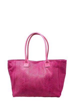 Borsa a tracolla rosa con un motivo a pelle di serpente testurizzato, manici in pelle liscia e dettagli quadrati; design spazioso per facilitare l'uso.