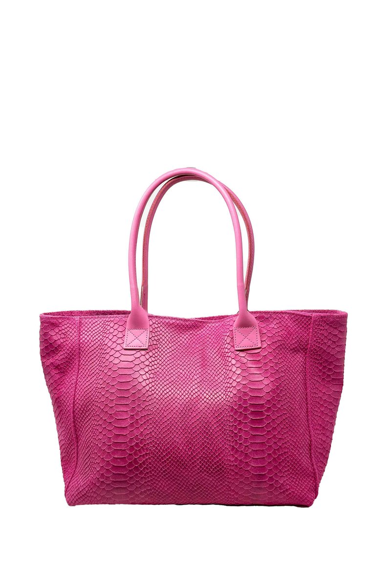 Borsa a tracolla rosa con un motivo a pelle di serpente testurizzato, manici in pelle liscia e dettagli quadrati; design spazioso per facilitare l'uso.