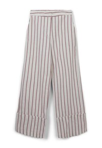 Leinen-Hosen mit weitem Bein, die abwechselnd vertikale Streifen in hellen und dunklen Rosa zeigen, mit umgeschlagenen Knöcheln. Zwei seitliche Taschen sind sichtbar.