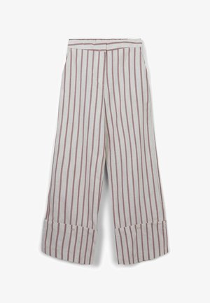 Leinen-Hosen mit weitem Bein, die abwechselnd vertikale Streifen in hellen und dunklen Rosa zeigen, mit umgeschlagenen Knöcheln. Zwei seitliche Taschen sind sichtbar.