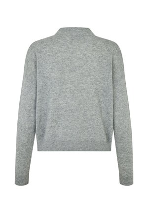 Svetlo šedý pletený sveter s dlhými rukávmi a okrúhlym výstrihom, zobrazený zozadu na bielom pozadí.