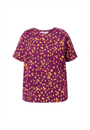 T-shirt viola a maniche corte con stampa leopardata in arancione e nero. Tessuto morbido con vestibilità rilassata e scollatura a girocollo.