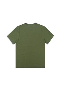 Olive green t-shirt with short sleeves, crew neck, and a smooth cotton texture. Features a small, rectangular tag at the back neckline.