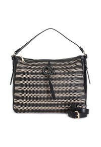 Svart och beige handväska med ett vävt mönster, utrustad med ett ovansidan dragkedja, axelrem och detaljer i guldfärg.