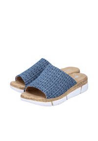 Sandales à glissière bleues à motif, avec un design à bout ouvert, tige en textile, semelle en liège naturel et semelle extérieure en caoutchouc blanc. Style décontracté, construction légère.