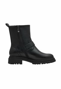 Botte en cuir noir à la cheville avec une fermeture éclair sur le côté, semelle moulée, détail de sangle ajustable et finition texturée. Talon plat avec bande de roulement robuste.