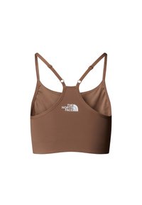 Sostén deportivo marrón hecho de un tejido suave. Tiene correas dobles ajustables en los hombros y un logo blanco en el frente. Diseño simple, sin relleno.
