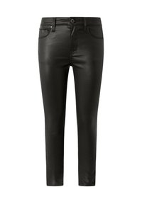 Pantalones de cuero sintético negro con un ajuste slim, cinco bolsillos, cierre frontal con botón, textura suave y un acabado sutilmente brillante.