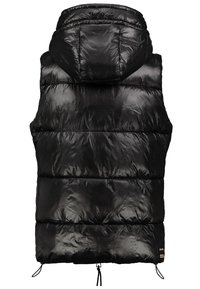 Schwarze Steppweste mit Kapuze, glänzendem Finish, gesteppter Optik und verstellbarem Kordelzug am Saum.