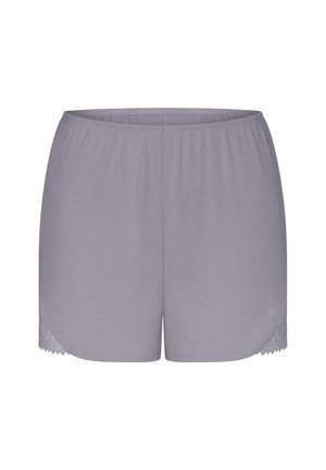 Light purple shorts made from soft fabric with a wide elastic waistband and lace trim accents on the hem. Features a relaxed fit design.
