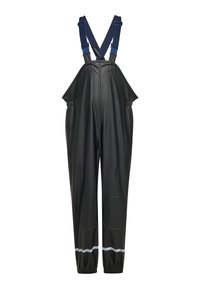 Svarta vattentåliga byxor med justerbara marinblå axelremmar, elastiska sidor i midjan, knäskydd och reflexband över elastiska muddarna.