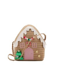 Borsa in corda a forma di casetta di pan di zenzero, con un tetto bianco, porta rosa, accenti verdi e elementi decorativi colorati.