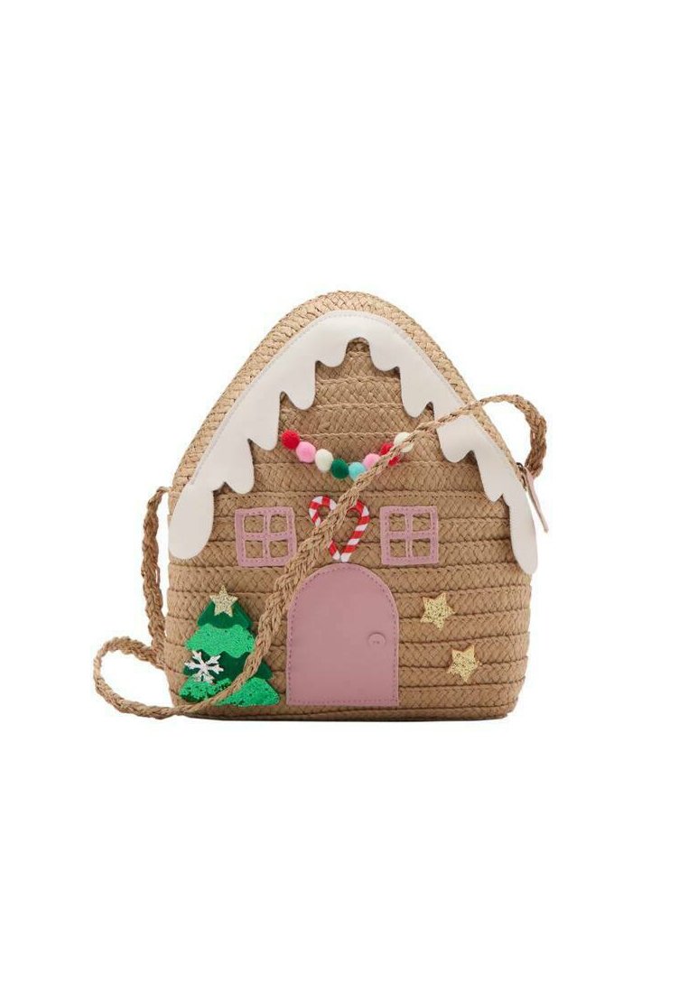 Borsa in corda a forma di casetta di pan di zenzero, con un tetto bianco, porta rosa, accenti verdi e elementi decorativi colorati.