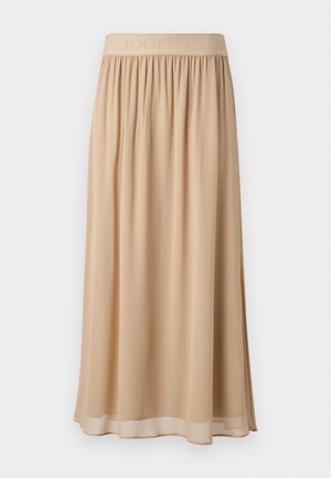 Beige long skirt made of soft fabric with a gathered elastic waistband featuring embossed brand name. Lightweight with a flowing design.