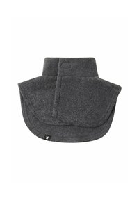 Scaldacollo grigio in felpa con forma arrotondata, dotato di chiusura a bottone e una piccola etichetta del marchio sul bordo. Tessuto morbido e design caldo.