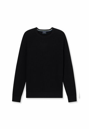 Black sweater with a ribbed texture, round neckline, and raglan sleeves. Features a solid color design and a fitted bottom hem.