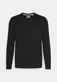 Maglione nero lavorato a maglia con scollatura a girocollo, maniche lunghe e polsini e orlo a costine. Presenta un discreto ricamo del logo sul petto.