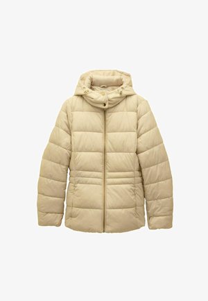 Hellbeige Steppjacke mit horizontalen Nähten, Kapuze und Reißverschluss. Ausstattung: Seitentaschen und eine weiche, strukturierte Oberfläche.