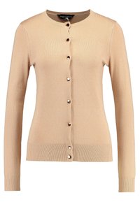 Beżowy sweter na drutach z długimi rękawami, okrągłym dekoltem i sześcioma ozdobnymi guzikami. Prążkowane mankiety i dół. Miękka tekstura.