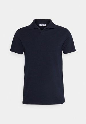 Mørkeblå polo skjorte lavet af bomuld, med klassisk krave og korte ærmer. Enkel design med en glat overflade.