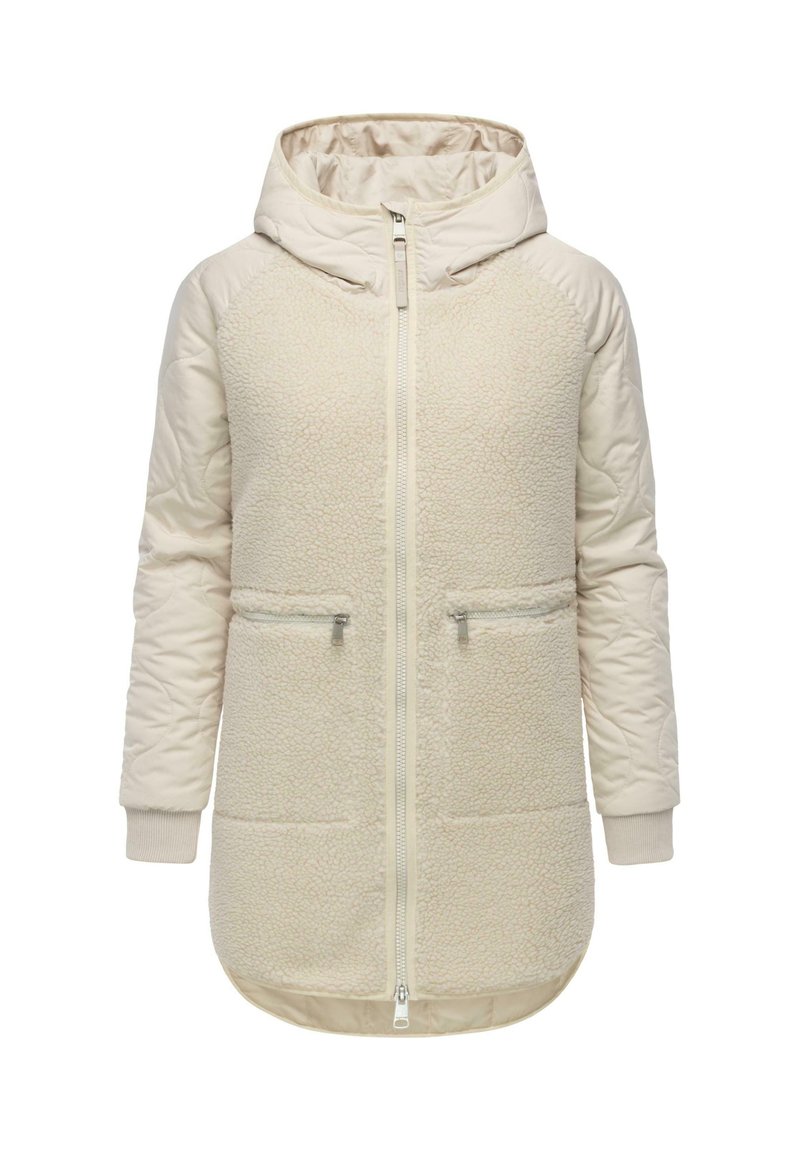 Cremefarvet hættejakke med en blød, tekstureret front, glatte ærmer og to lynlåslommer. Frontlynlås og ribbede manchetter.