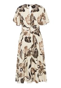Blumenkleid mit beigem Hintergrund, großen braunen und schwarzen Blumen, kurzen schwingenden Ärmeln und einem Schlüssellochdetail hinten.