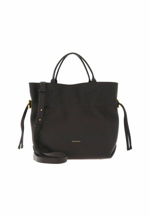 Black leather tote bag with two short handles, adjustable long strap, side drawstrings, and small gold brand logo on front.