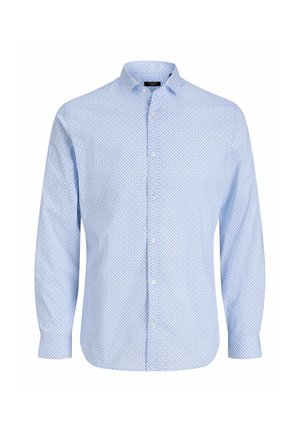 Világoskék hosszú ujjú férfi ing apró sötét pöttyös mintával, gombos elülső résszel és klasszikus gallérral, fehér háttéren.